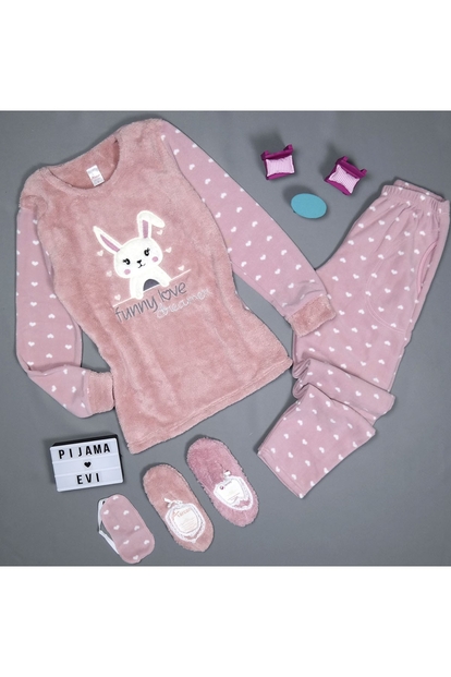Pudra Funny Love Dreams Desenli Kadın Peluş Pijama Takımı - 2