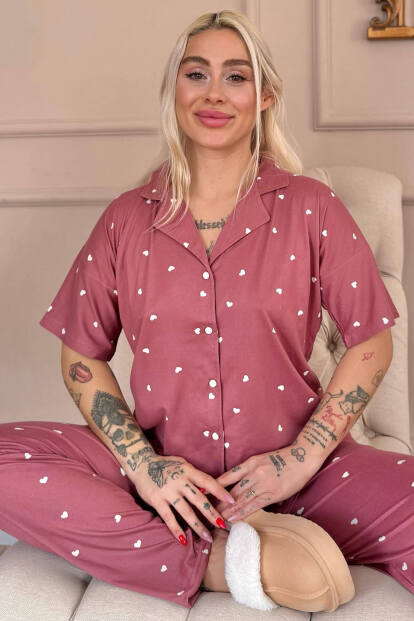 Pudra Heart Desenli Bambu Önden Düğmeli Kısa Kol Pijama Takımı - 1