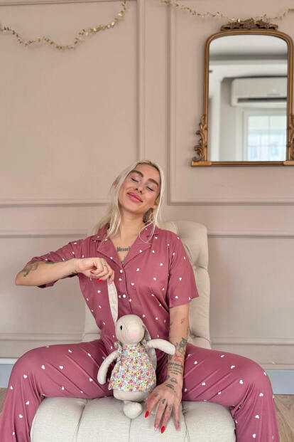 Pudra Heart Desenli Bambu Önden Düğmeli Kısa Kol Pijama Takımı - 2