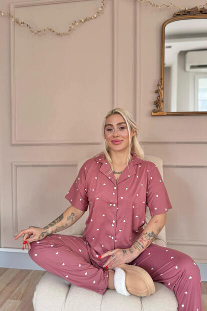 Pudra Heart Desenli Bambu Önden Düğmeli Kısa Kol Pijama Takımı - 3