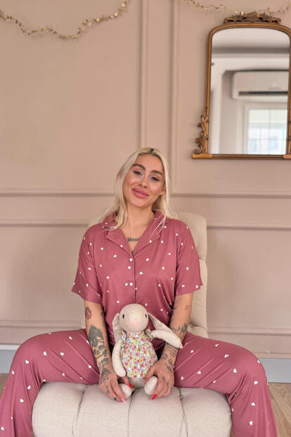 Pudra Heart Desenli Bambu Önden Düğmeli Kısa Kol Pijama Takımı - 4