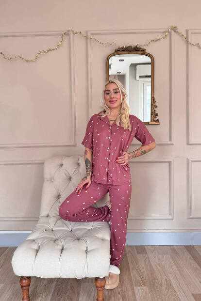 Pudra Heart Desenli Bambu Önden Düğmeli Kısa Kol Pijama Takımı - 5