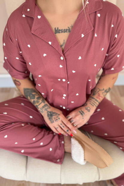Pudra Heart Desenli Bambu Önden Düğmeli Kısa Kol Pijama Takımı - 6