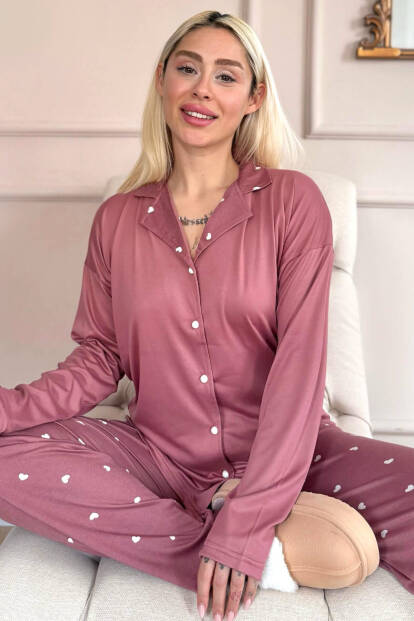 Pudra Heart Desenli Bambu Önden Düğmeli Uzun Kol Kadın Pijama Takımı - Pijamaevi