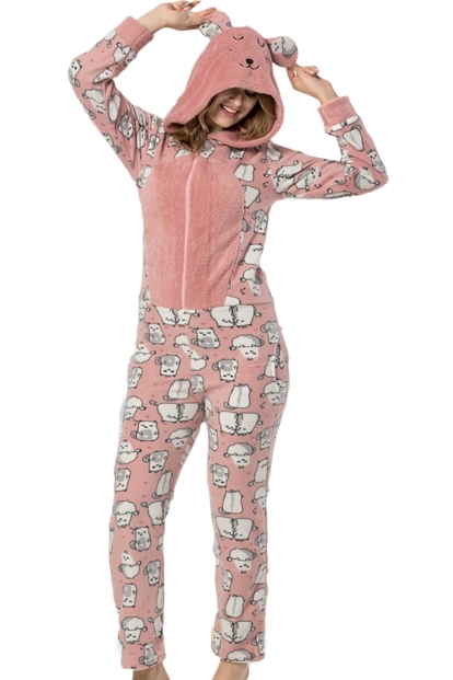 Pudra Kedi Desenli Kadın Polar Peluş Tulum Pijama Takımı - 1