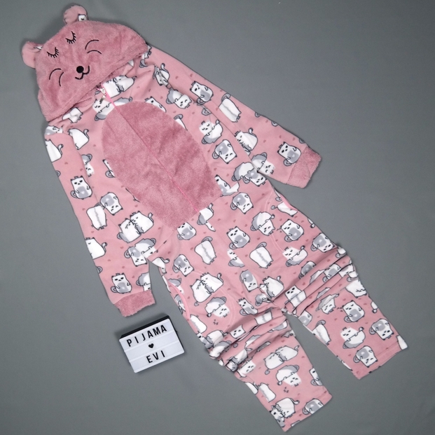 Pudra Kedi Desenli Kadın Polar Peluş Tulum Pijama Takımı - 2