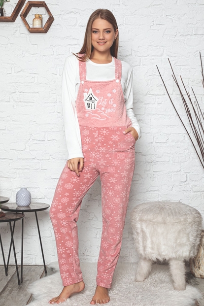 Pudra Let it Snow Desenli Kadın Polar Peluş Tulum Pijama Takımı - 1