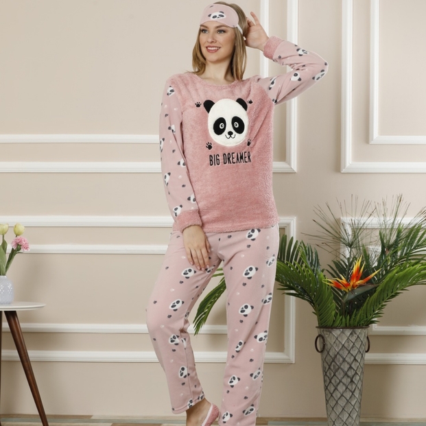 Pudra Panda Big Dreamer Desenli Kadın Peluş Pijama Takımı - 1
