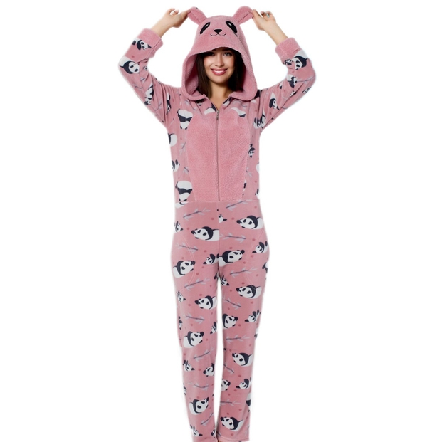 Pudra Panda Desenli Bayan Polar Tulum Pijama - 1