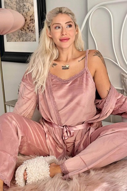 Pudra Pearl Exclusive Kadife Sabahlıklı Kadın Pijama Takımı  - Pijamaevi