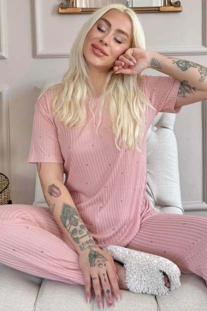 Pudra Puan Desenli Kısa Kol Örme Zincir Kadın Pijama Takımı - Pijamaevi