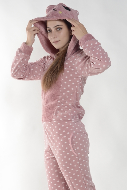 Pudra Puanlı Kadın Polar Peluş Tulum Pijama Takımı - 2