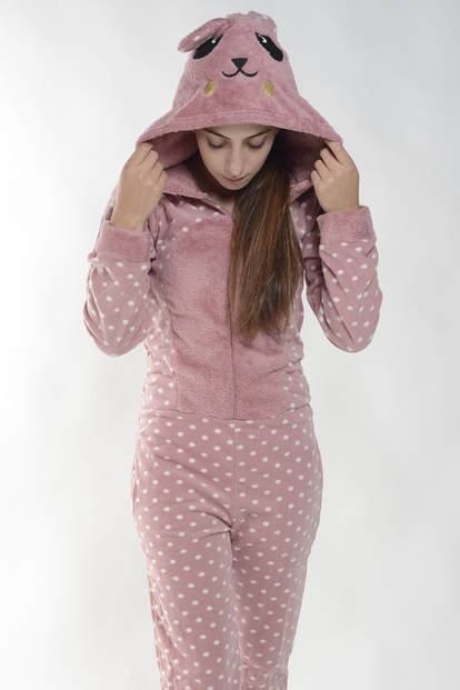 Pudra Puanlı Kadın Polar Peluş Tulum Pijama Takımı - 3