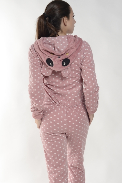 Pudra Puanlı Kadın Polar Peluş Tulum Pijama Takımı - 4