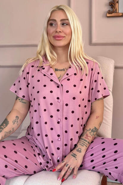 Pudra Royal Dots Desenli Bambu Önden Düğmeli Kısa Kol Pijama Takımı 