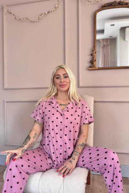 Pudra Royal Dots Desenli Bambu Önden Düğmeli Kısa Kol Pijama Takımı - 2