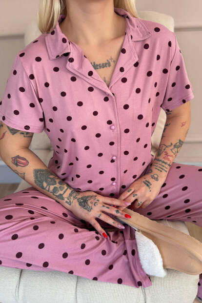 Pudra Royal Dots Desenli Bambu Önden Düğmeli Kısa Kol Pijama Takımı - 4