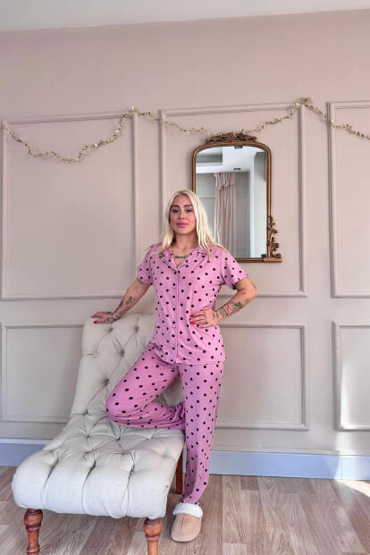 Pudra Royal Dots Desenli Bambu Önden Düğmeli Kısa Kol Pijama Takımı - 5