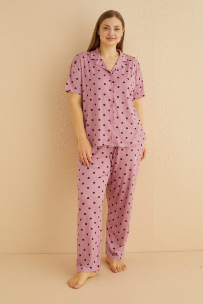 Pudra Serene Dots Desenli Bambu Önden Düğmeli Kısa Kol Büyük Beden Battal Pijama Takımı - 5