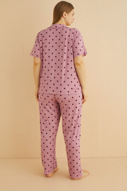 Pudra Serene Dots Desenli Bambu Önden Düğmeli Kısa Kol Büyük Beden Battal Pijama Takımı - 6