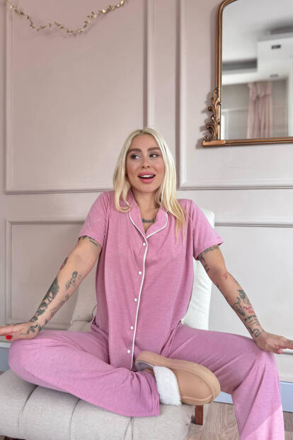 Pudra Sofistic Önden Düğmeli Kısa Kol Kadın Pijama Takımı - 2