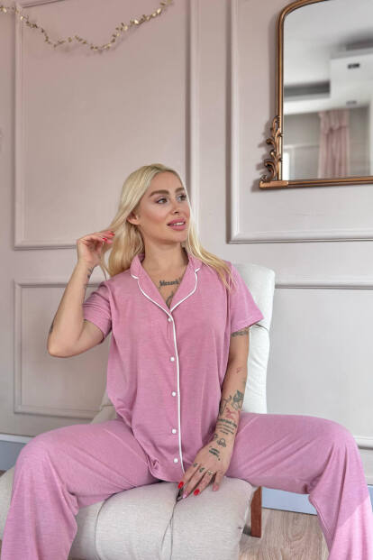 Pudra Sofistic Önden Düğmeli Kısa Kol Kadın Pijama Takımı - 3