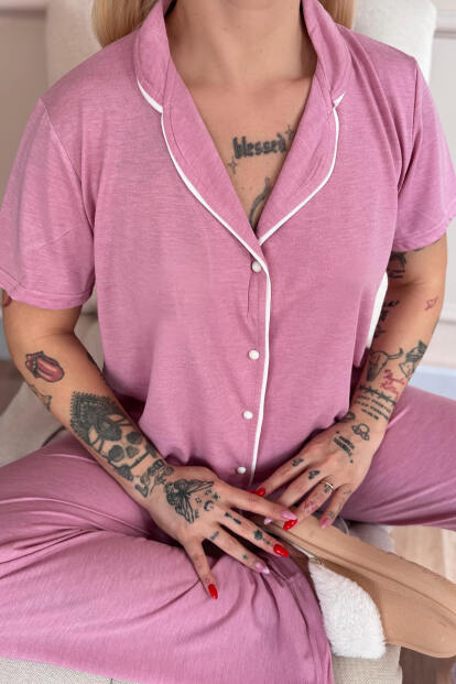 Pudra Sofistic Önden Düğmeli Kısa Kol Kadın Pijama Takımı - 5