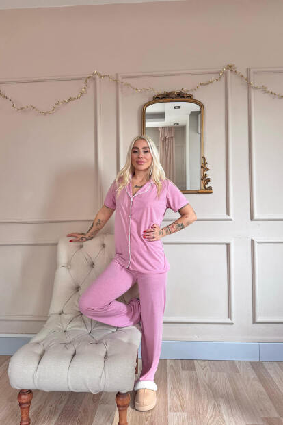 Pudra Sofistic Önden Düğmeli Kısa Kol Kadın Pijama Takımı - 6