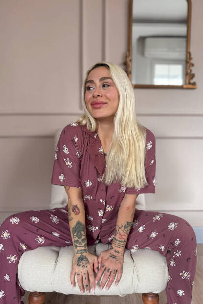 Pudra Soft Daisy Desenli Bambu Önden Düğmeli Kısa Kol Pijama Takımı - 3