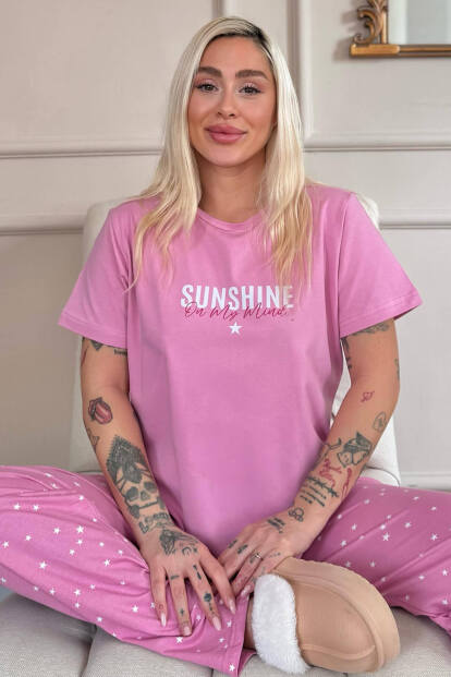 Pudra Sunshine Desenli Pamuk Kısa Kollu Kadın Pijama Takımı 