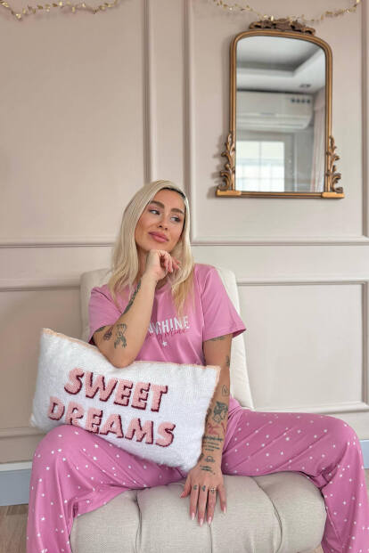Pudra Sunshine Desenli Pamuk Kısa Kollu Kadın Pijama Takımı - 2