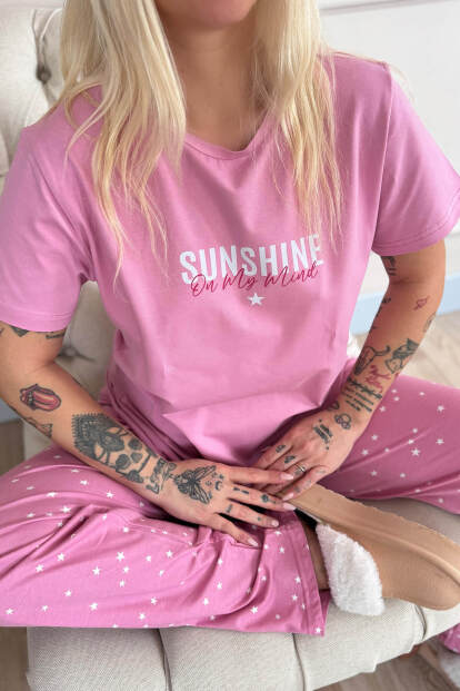 Pudra Sunshine Desenli Pamuk Kısa Kollu Kadın Pijama Takımı - 5