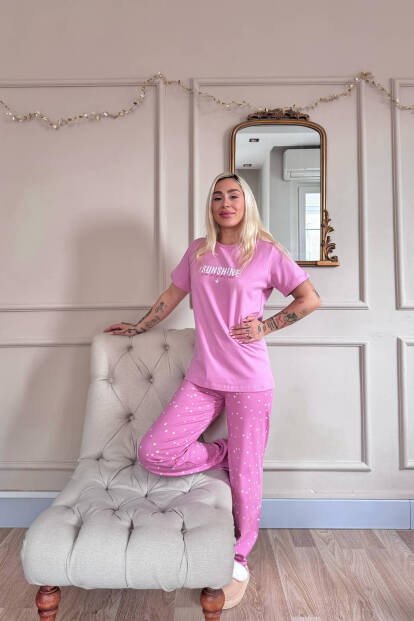 Pudra Sunshine Desenli Pamuk Kısa Kollu Kadın Pijama Takımı - 6