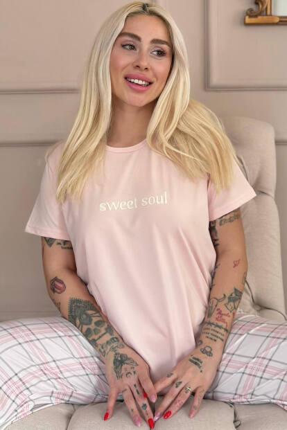 Pudra Sweet Soul Ekose Desenli Kısa Kollu Kadın Pijama Takımı 