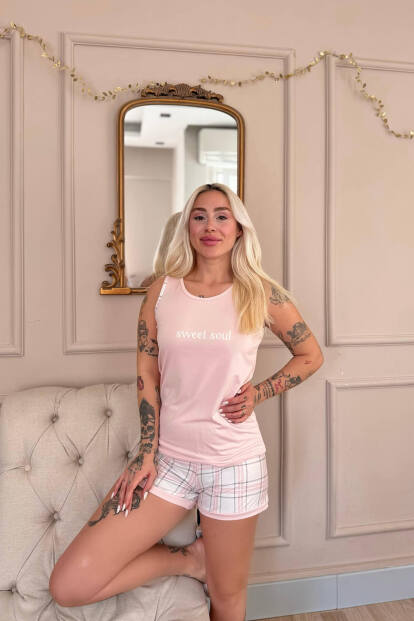 Pudra Sweet Soul Ekose Desenli Sıfır Kol Şortlu Örme Kadın Pijama Takımı - 3