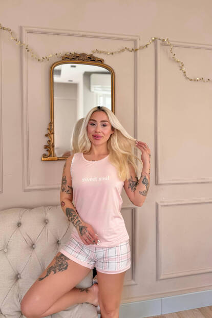 Pudra Sweet Soul Ekose Desenli Sıfır Kol Şortlu Örme Kadın Pijama Takımı - 4