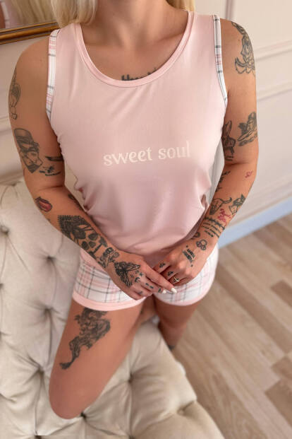 Pudra Sweet Soul Ekose Desenli Sıfır Kol Şortlu Örme Kadın Pijama Takımı - 5