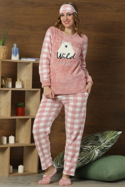Pudra Wild Desenli Kadın Peluş Pijama Takımı - 1