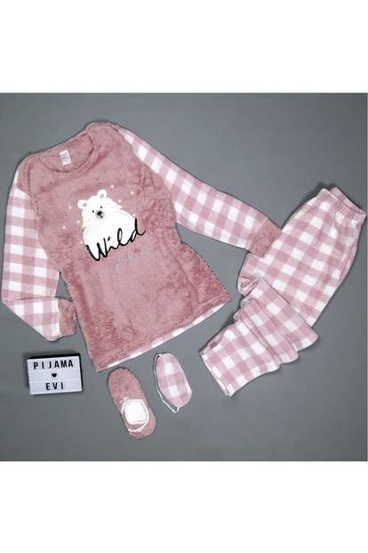 Pudra Wild Desenli Kadın Peluş Pijama Takımı - 2