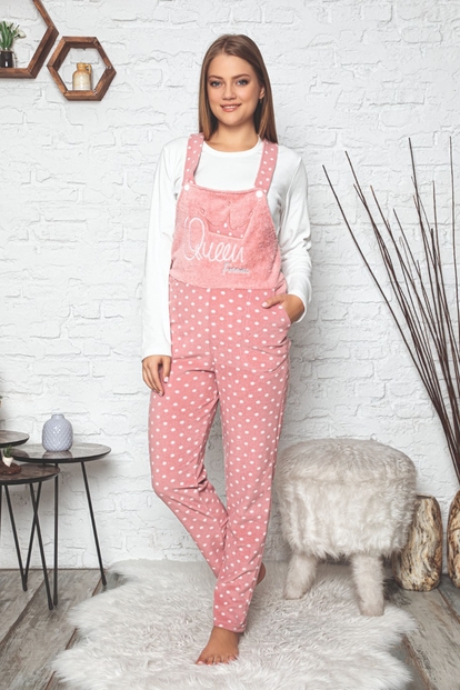 Queen Desenli Kadın Polar Peluş Tulum Pijama Takımı - 1