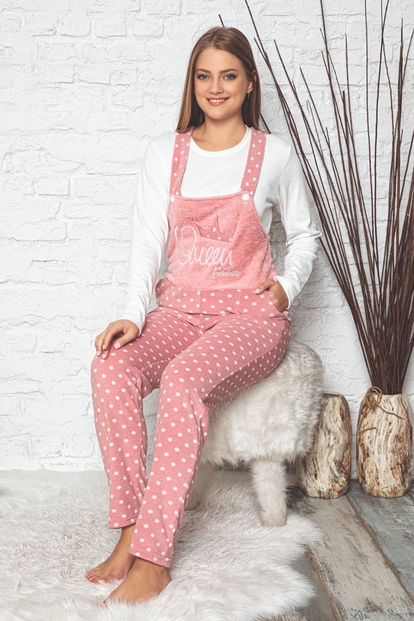 Queen Desenli Kadın Polar Peluş Tulum Pijama Takımı - 2