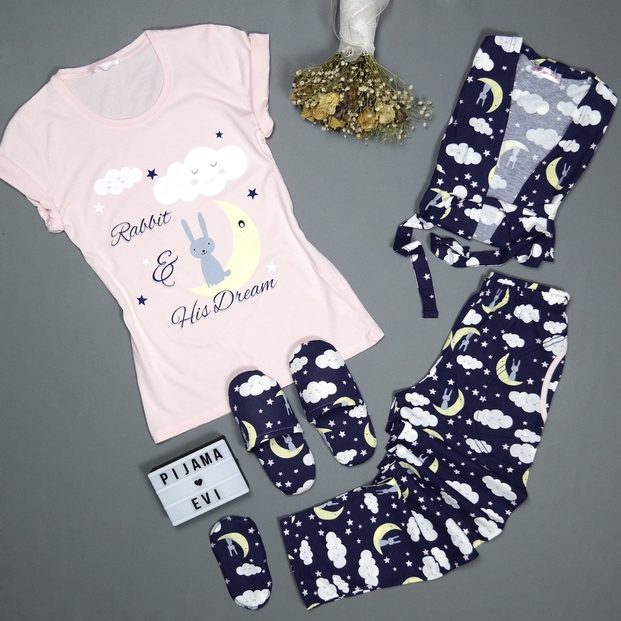 Rabbit His Dream Desenli Sabahlıklı Pijama Takımı - 3