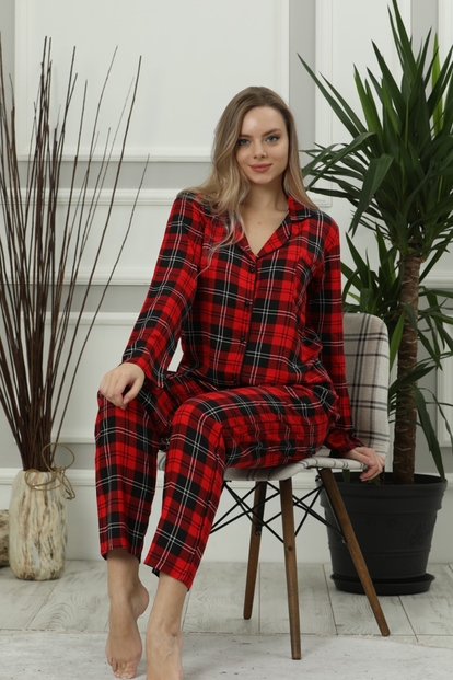 Red One Exclusive Collection Önden Düğmeli Uzun Kollu İpek Saten Pijama Takımı - 1