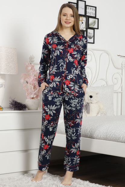 Red Pox Exclusive Collection Önden Düğmeli Uzun Kollu İpek Saten Pijama Takımı - 1