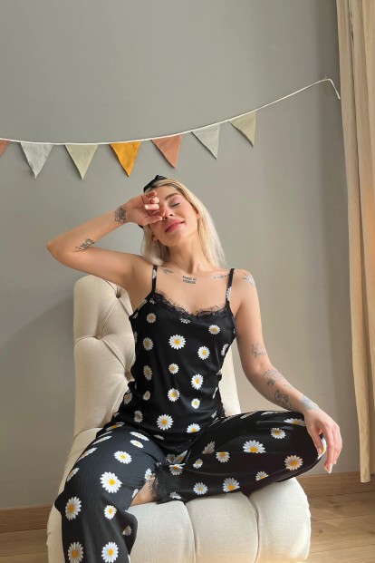 Sarı Beyaz Papatya Dantelli İp Askılı Örme Pijama Takımı - 2