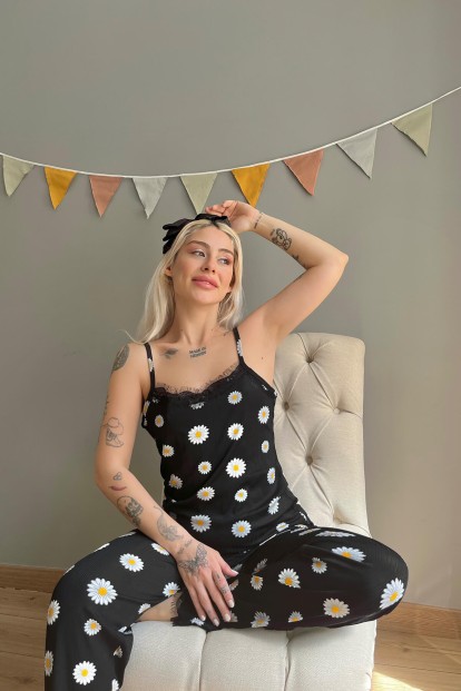 Sarı Beyaz Papatya Dantelli İp Askılı Örme Pijama Takımı - 3