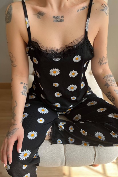 Sarı Beyaz Papatya Dantelli İp Askılı Örme Pijama Takımı - 4