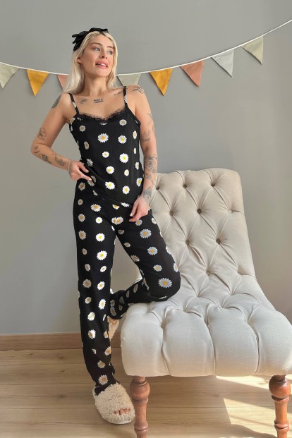 Sarı Beyaz Papatya Dantelli İp Askılı Örme Pijama Takımı - 5