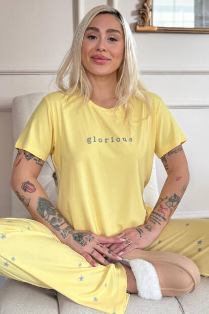 Sarı Glorious Desenli Bambu Kısa Kol Kadın Pijama Takımı 