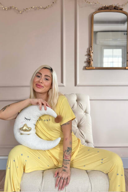 Sarı Glorious Desenli Bambu Kısa Kol Kadın Pijama Takımı - 3